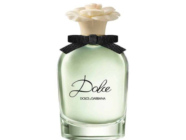 Dolce EDP 75ml by Dolce & Gabbana luxury white floral perfume bottle with signature flower cap