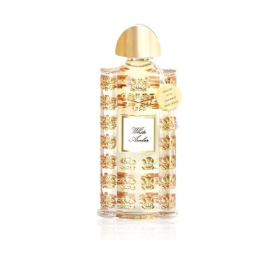 White Amber Luxe Eau De Parfum 75ml bottle with gold accents and amber-colored fragrance