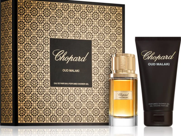 Chopard Oud Malaki Gift Set with EDP, shower gel and aftershave balm in elegant packaging