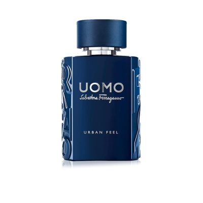 Uomo Urban Feel Eau De Toilette 100ml bottle against urban skyline background
